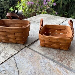 2 Longaberger 87’ & 90’ Signed Small Handwoven Baskets Leather Handles Hang Hook